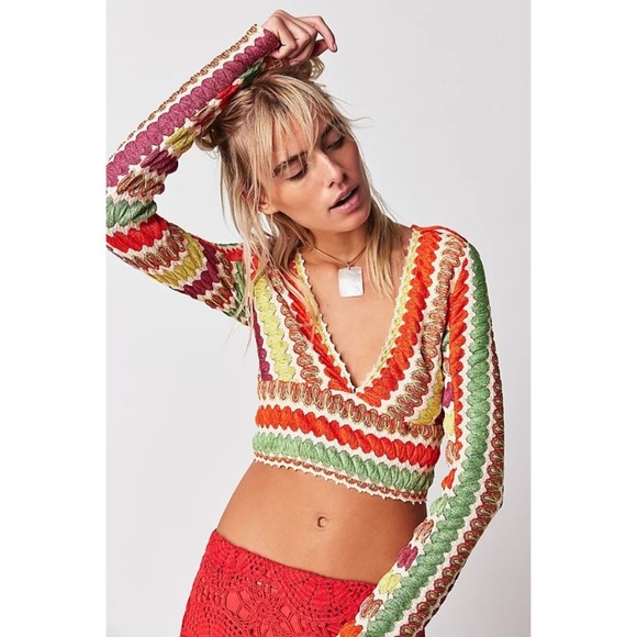 Free People Tops - Free People Twist & Shout Long Sleeve Crop Top In Pop Combo NWOT Size XL
